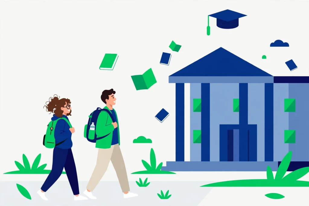 College exam prep illustration of students walking toward a campus building with books and a graduation cap