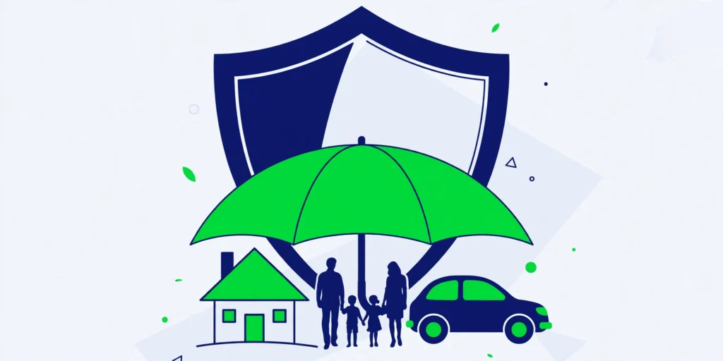 Insurance exam prep illustration of a shield and umbrella protecting a family, house, and car