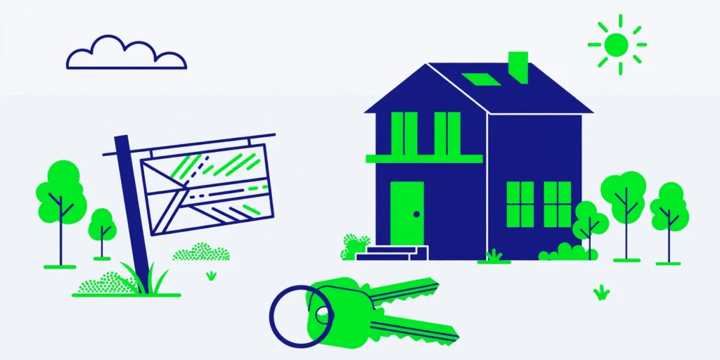 Real estate exam prep illustration of a house with a for-sale sign and keys